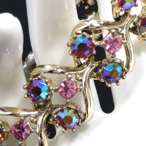 Vintage 1960s Red AB & Pink Rhinestone Bracelet, Gold Tone Links - Picture 2 of 10